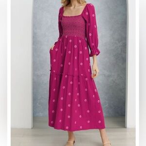 Boho womans magenta Floral Smocked embroidered Maxi Dress size M